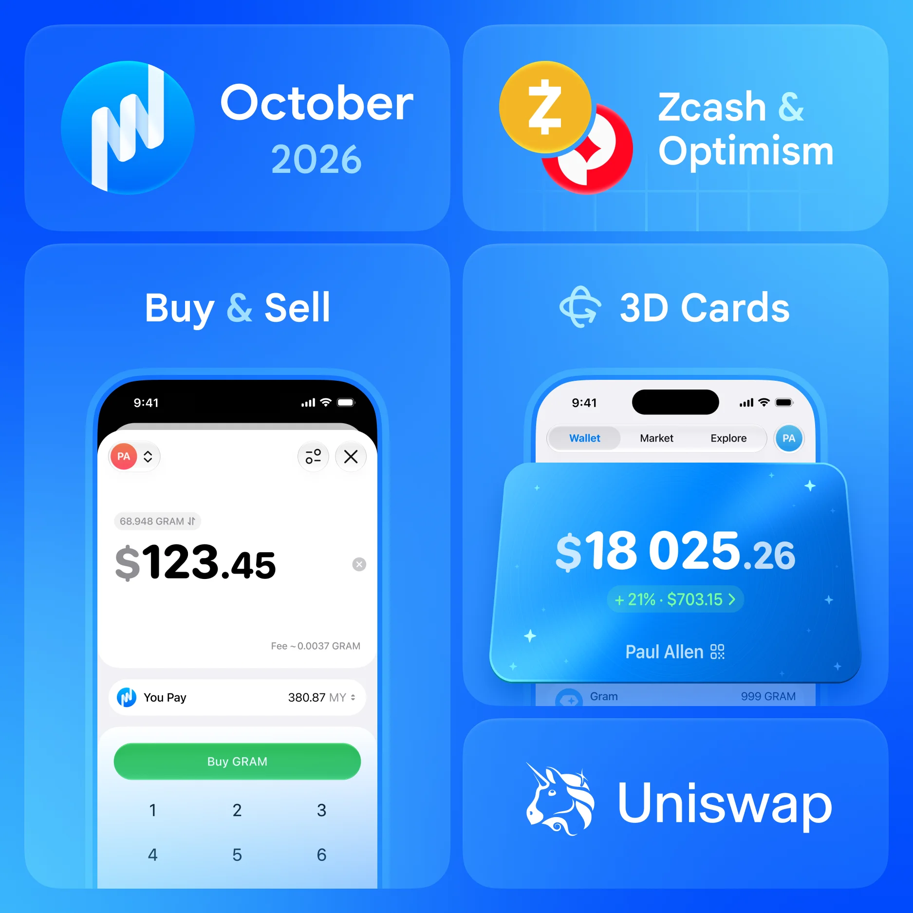 Zcash, Optimism, Reimagined Trading Screens, Uniswap, 3D Cards